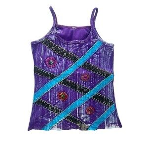 Y2K Tank Top XL Purple Scoop Embroidered Floral Spaghetti Boho Fairy 90s